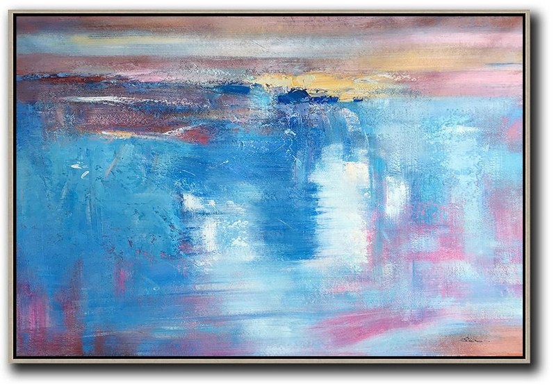 Large Oil Canvas Art,Oversized Horizontal Contemporary Art,Canvas Artwork For Living Room Blue,Pink,Yellow,White